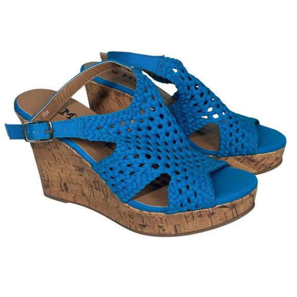 Mudd Peep-Toe Blue Platform Cork Wedge Sandals Womens Boho US Size 7.5 M - Picture 4 of 10